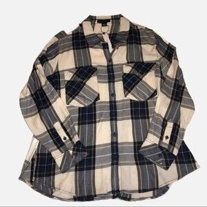 Sanctuary Womens Size L Button Front Tunic Top Blue Cream Plaid Long Sleeve NEW
